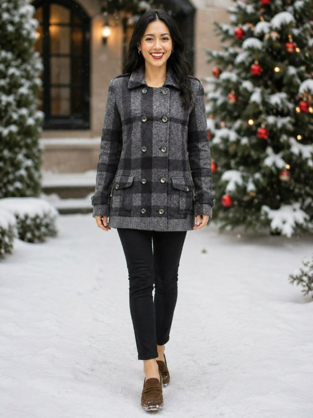 Burberry Brit Jacket Womens Gray Plaid Wool Blend Double-Breasted Peacoat Jacket